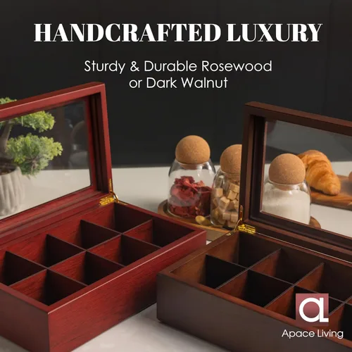 Vista 6 de Caja de té – Organizador de bolsas de té de madera de lujo de The Apace Premier Collection – Contenedor de almacenamiento de té de 6 compartimentos