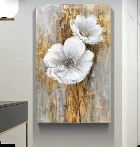 Vista 3 de Yihui Arts - Cuadros de pared florales blancos verticales, ramo de lirios, pintura al óleo para decoración de sala de estar, dormitorio, pasillo