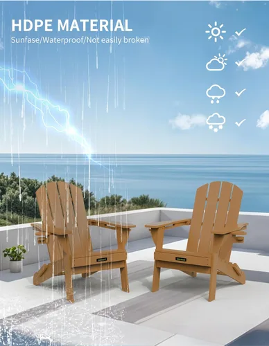 Vista 7 de Silla Adirondack plegable, sillas Adirondack de plástico con textura de madera con 2 portavasos, silla para hoguera de HDPE resistente a