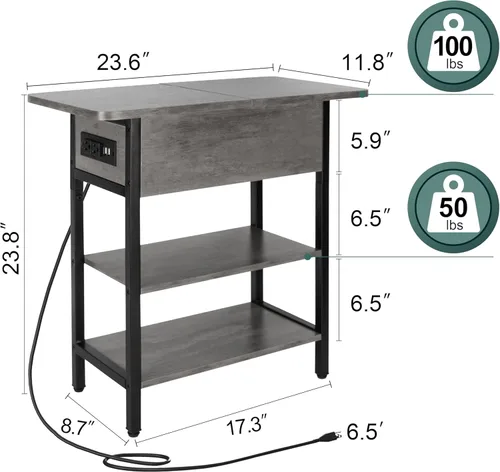 Vista 9 de Yoobure Mesa auxiliar con estación de carga, mesa auxiliar abatible con puertos USB y tomacorrientes, mesa de noche para sala de estar, dormitorio