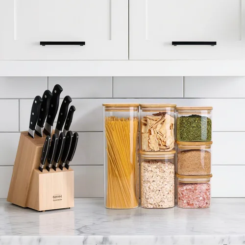 Vista 6 de ComSaf Recipientes de vidrio para almacenar pasta de espaguetis con tapas, juego de 3 recipientes de almacenamiento de alimentos altos transparentes