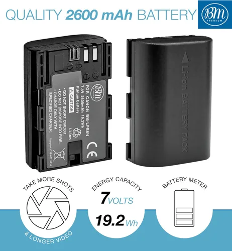 Vista 2 de BM Premium Paquete de 4 baterías LP-E6N de alta capacidad y cargador para cámaras Canon EOS R, EOS 60D, EOS 70D, EOS 80D, EOS 90D, EOS 5D III, EOS