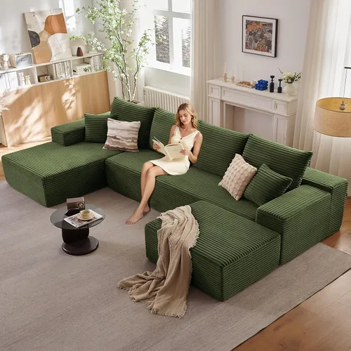 Vista 60 de Sofá modular Cloud de 95 pulgadas con otomana, moderno sofá nube en forma de U con asiento profundo, cómodo sofá de pana de 3 plazas, sofá de espuma