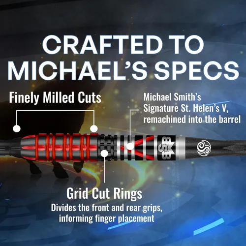 Vista 6 de Shot! Michael Smith Tenacious (0.71 oz/0.79 onzas), barril de tungsteno 90%, peso frontal, juego de dardos profesionales hechos a mano y vuelos