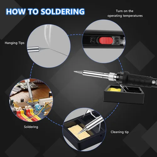 Vista 6 de Kit de soldador de 60 W y 110 V, temperatura ajustable, con puntas de hierro, soporte, esponja, alambre para soldar