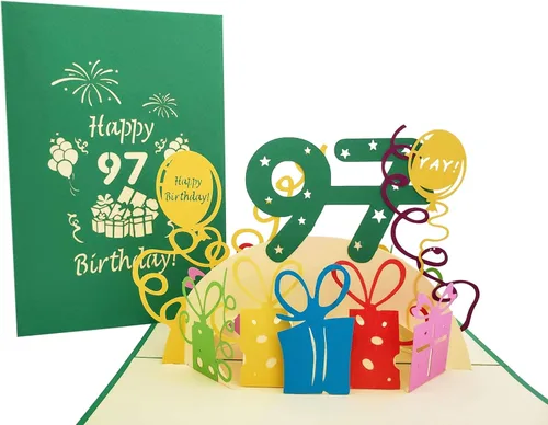 iGifts And Cards Tarjeta de felicitación emergente 3D de feliz cumpleaños 97 con regalos - Noventa y siete, impresionante, globos, único,