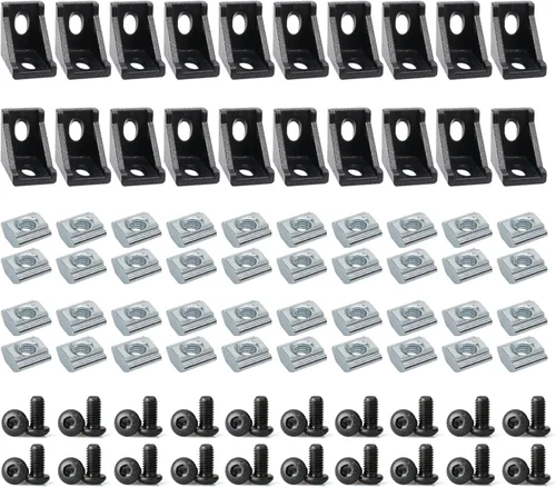 Vista 24 de 10 juegos de perfiles de extrusión de aluminio de la serie 2020, soportes en L de ángulo recto negro con tuercas y pernos de ranura en T M5