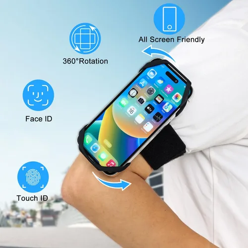 Vista 2 de Brazalete de soporte para teléfono a prueba de sudor, rotación de 360°, banda universal para correr iPhone 17 16 15 14 13 12 11 Pro Max Samsung