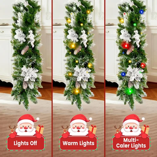Vista 6 de Guirnalda de Navidad de 9 pies con luz, puntas de ramas exuberantes preiluminadas/flores plateadas/cono de pino, guirnalda de Navidad para chimenea
