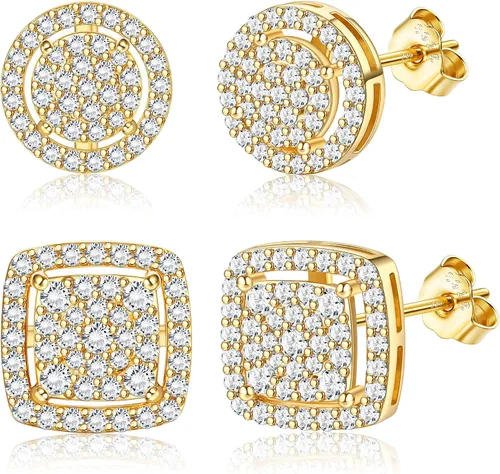 FASACCO Aretes para Hombre de Plata Esterlina Aretes para Hombre Negro/Plata/Oro 14K Aretes para Hombre Iced Out Aretes Halo Cuadrados Aretes de