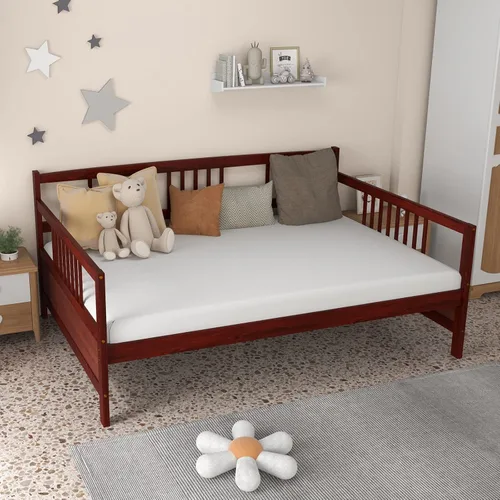 Vista 8 de KOMFOTT Marco de sofá cama de madera tamaño matrimonial, marco de sofá cama con soporte de listones de madera, no necesita somier, marco de sofá