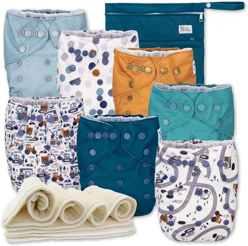 Vista 10 de Nora's Nursery Pañales de tela, paquete de 7 con 7 insertos y 1 bolsa húmeda, funda impermeable, lavable, reutilizable y pañales de bolsillo