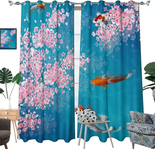 Vista 3 de Cortinas retro de pez japonés para dormitorio, estilo rústico, asiático, japonés, flor de cerezo, aislamiento térmico, oscurecimiento