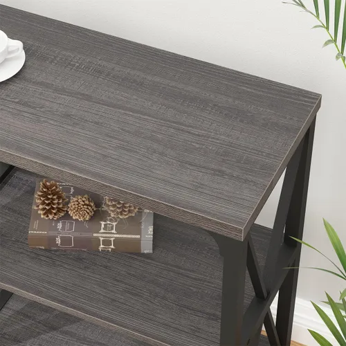 Vista 29 de IBF Mesa de entrada de granja, mesa consola larga rústica detrás del sofá, moderna mesa de sofá de madera de metal con estantes de almacenamiento