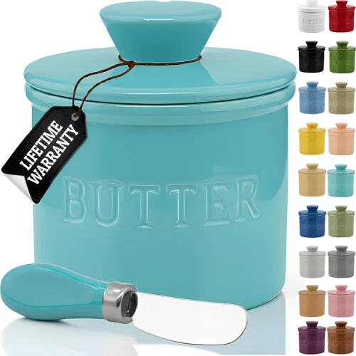 Vista 12 de Priority Chef Recipiente para Mantequilla con Tapa y Línea de Agua, Plato de Mantequilla Francés de Cerámica para Dejar en la Encimera, Turquesa