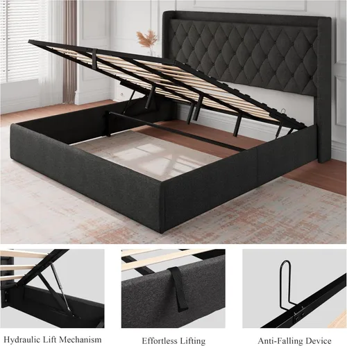 Vista 6 de iPormis Base de cama King con estación de carga y almacenamiento, plataforma tapizada con cabecera copetuda con respaldo de ala, almacenamiento