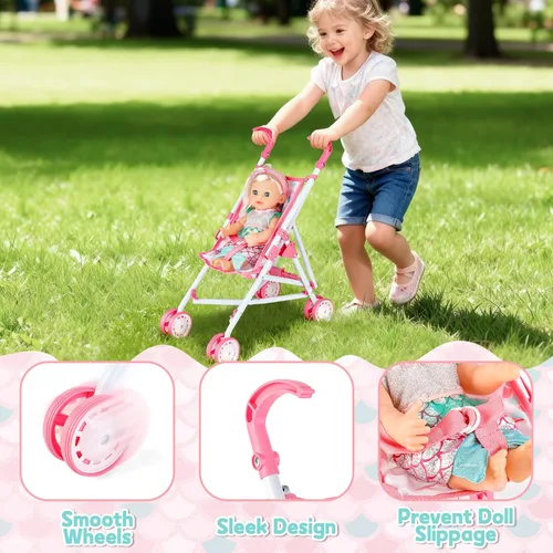 Vista 2 de deAO Muñeca de bebé, cochecito de cuna, cama de guardería, juego de rol, accesorios para muñecas y tapete de juego, cuna de viaje, cochecito