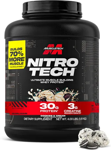 Muscletech Proteína de suero en polvo (Galletas y Crema, 4 libras) - Fórmula Nitro-Tech Ultimate para construcción muscular con aislado de proteína