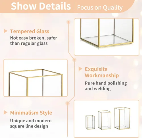 Vista 7 de NUPTIO Farol de vela para centro de mesa de boda: 18 piezas de soporte de velas de pilar de vidrio transparente de huracán con marco dorado Faroles