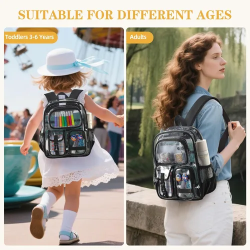 Vista 9 de Mini mochila transparente para estadio aprobada 12x6x12, pequeñas mochilas transparentes, Negro, Pequeño, Lindo