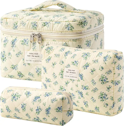 Vista 11 de HBselect Bolsa de Maquillaje Acolchada, 3 Piezas de Gran Bolsa de Maquillaje de Viaje de Algodón, Linda Bolsa de Maquillaje Floral Coquette, Bolsa