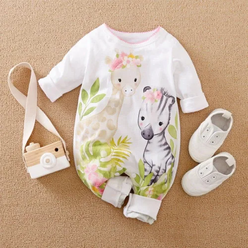 Vista 2 de Aoswep - Linda jirafa + cebra con estampado floral de manga larga para bebé niña, mono blanco para mameluco de una pieza