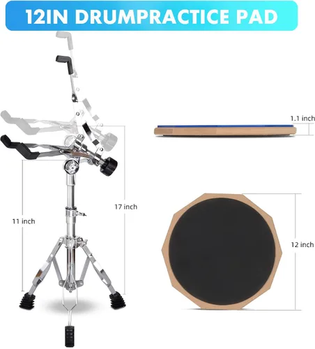 Vista 3 de Set de práctica de tambor GrowDaily Almohadilla de tambor de cajón Soporte de tambor de 12 pulgadas con almohadilla de tambor silenciosa azul