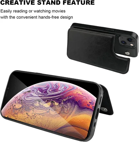 Vista 5 de ONETOP - Funda tipo cartera compatible con iPhone 13 con soporte para tarjetas, funda de piel sintética con ranuras para tarjetas, doble cierre Negro