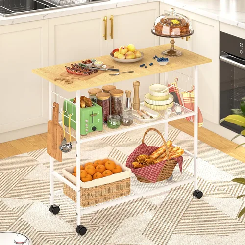 Vista 9 de Isla de cocina con 3 estantes, carrito de cocina rodante con 6 ganchos y estante protector, soporte de microondas con ruedas bloqueables, estante