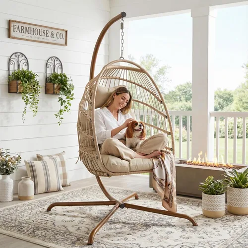 RADIATA Silla columpio para exteriores con soporte, 350 libras, sillas de mimbre resistentes para colgar huevos, sillas de patio para exteriores,