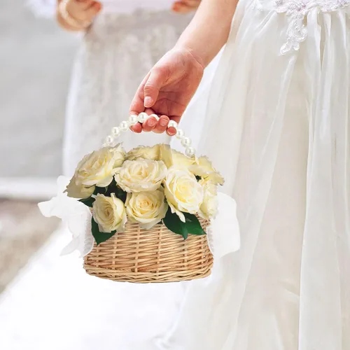Vista 2 de Cesta de mimbre de ratán para niña, cesta rústica para niña de las flores con mango de perlas, cesta de flores pequeña para niñas de flores, cesta 1