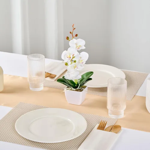 Vista 4 de Restaurantware - Orquídeas artificiales de 4 x 14 pulgadas, 12 orquídeas falsas en maceta, 5 flores, uso como centro de mesa, decoración del hogar u