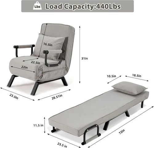 Vista 2 de Haddockway Sofá cama para una sola persona, sofá cama convertible tumbona, sillón plegable con almohada y 5 respaldos ajustables, cama reclinable