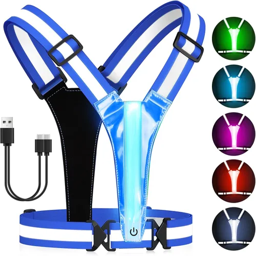 Zacro LED Reflective Vest Running Gear, 5 Lights Colors High Visibility Reflective Gear Rechargeable Light Up Vest for Walking Running Cycling Azul