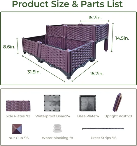 Vista 3 de Cama de jardín elevada de plástico de 4 piezas, cajas de cultivo, kit de caja de cuidado para plantas de interior y exterior, cajas de jardín