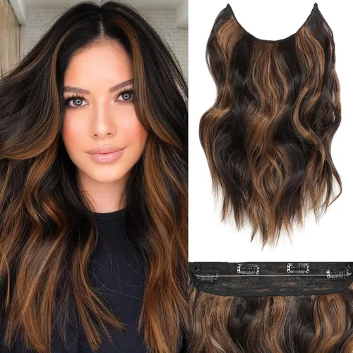 Vista 48 de Extensiones de cabello tipo aureola de 20 pulgadas, alambre invisible, ajustable, cabello largo ondulado, mejora sintética, 4 clips de seguridad