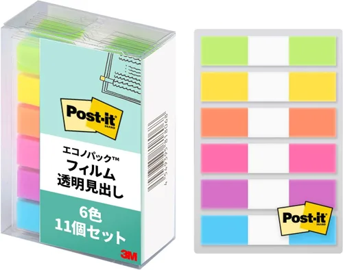 3M 6831NE-AM Post-it Film Sticky Notes, 6 Colors, 1.7 x 0.4 inches (44 x 10 mm), 20 Sheets x 11 Pads