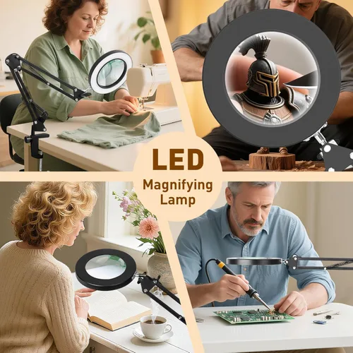 Vista 6 de KIRKAS Lupa de 10 aumentos con luz y soporte, lámpara de lupa de escritorio más brillante con 72 LEDs, 10 niveles de brillo ajustable con 3 modos