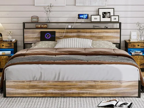 Vista 12 de IKIFLY Cama de almacenamiento elevable tamaño King con estación de carga, marco de cama de metal King con cabecera de estante de almacenamiento