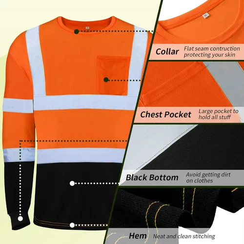 Vista 3 de Zhanmai 6 Pack Long Sleeve Safety Shirt High Visibility Reflective Class 3 Hi Vis Construction Safety Shirt with Pocket