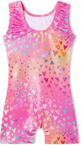 Vista 2 de Domusgo - Leotardos de gimnasia para niñas, brillantes de una sola pieza, con pantalones cortos
