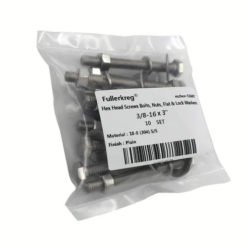 Vista 8 de (5 juegos) Tornillos de cabeza hexagonal de acero inoxidable 3/8-16x3, tuercas, arandelas planas y de bloqueo, 18-8 (304) S/S, totalmente roscados