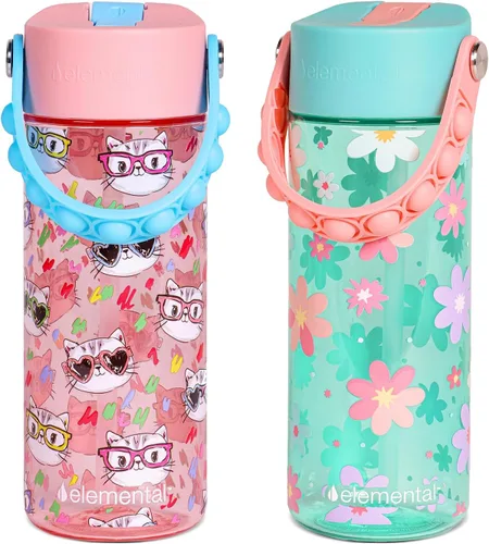 Vista 40 de Elemental Botellas de agua para niños – Botella de agua para niños Splash para la escuela con mango Pop-it – Botella de agua de plástico Tritan sin