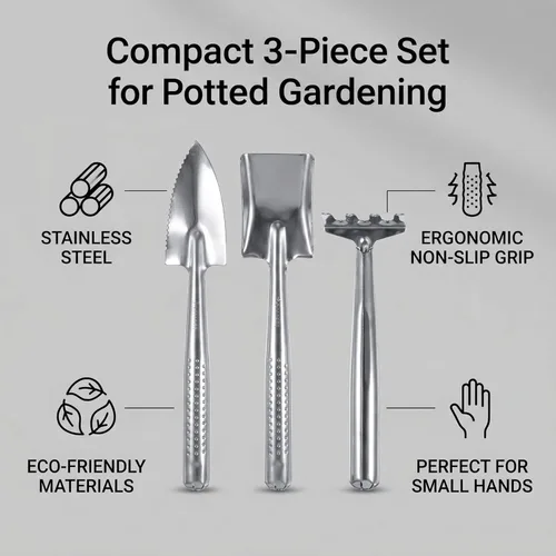 Vista 4 de Mini juego de herramientas de jardinería, 3 piezas, acero inoxidable, rastrillo de pala para plantas de interior y mantenimiento de macetas
