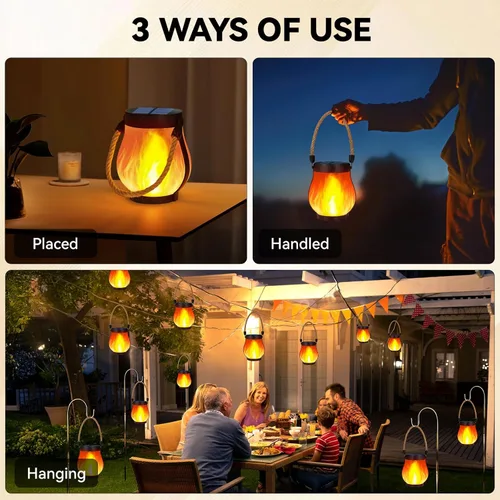 Vista 3 de Faroles solares impermeables para exteriores, paquete de 2 faroles solares de llama bailarina, luces para exteriores, funciona con USB/energía