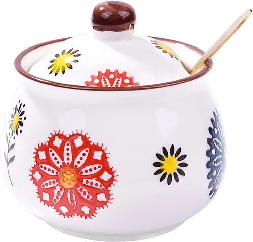 Vista 10 de Azucarero de porcelana con tapa y cuchara, recipiente de condimento, tarro de sal para el hogar y la cocina (HH)