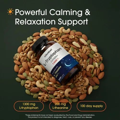 Vista 2 de NatureBell Complejo L-triptófano - 300 cápsulas - Triple fuerza 1,300 mg de L-triptófano con 200 mg de L-teanina de forma libre - Fórmula de apoyo