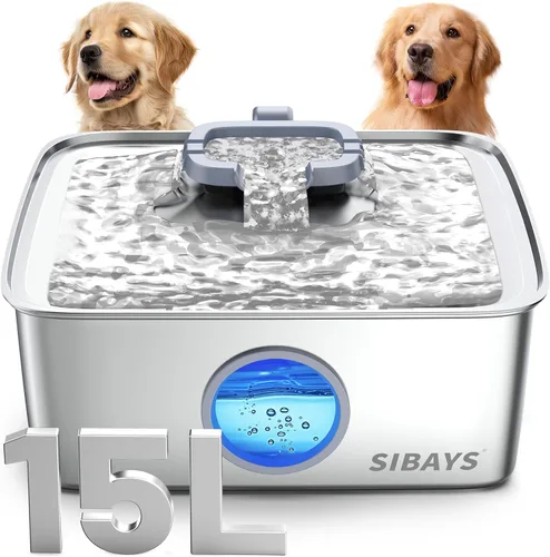 SIBAYS Fuente de agua para perros de 4 galones/15L, fuente de agua para mascotas de acero inoxidable de gran capacidad con luz LED de nivel de agua,