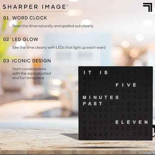 Vista 4 de Sharper Image Reloj Digital de Palabras LED, 7.75", Acabado Negro, Reloj de Escritorio y Pared Iluminado, Pantalla de Tiempo Moderna, Estante
