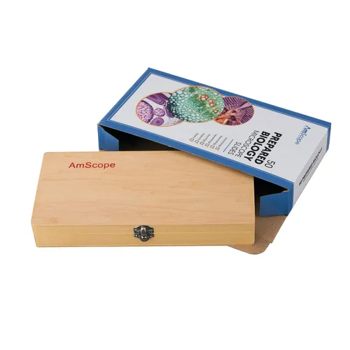 Vista 3 de Microscopio AmScope PS50 preparado portaobjetos de set para Biológica Básica Ciencia Educación, 50 Diapositivas, incluye carcasa ajustable de madera